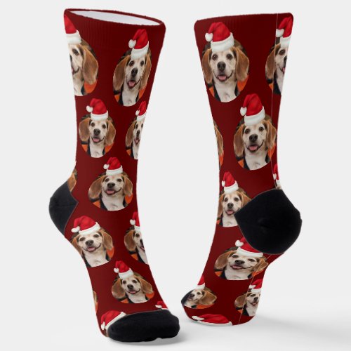 Pet Photo Burgundy Santa Hats Christmas Socks