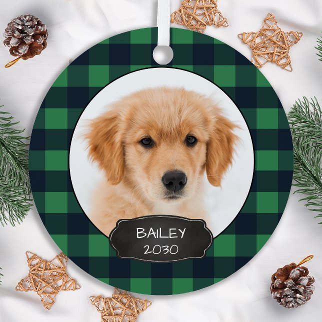 Pet Photo Christmas Dog Puppy Rustic Green Plaid M Metal Ornament (Creator Uploaded)