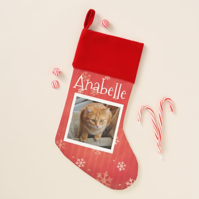 Pet Photo Christmas Red Snowflake Custom Christmas Stocking (Front)