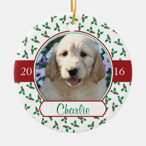 Pet Photo Christmas with Holly  Berries Ceramic Ornament