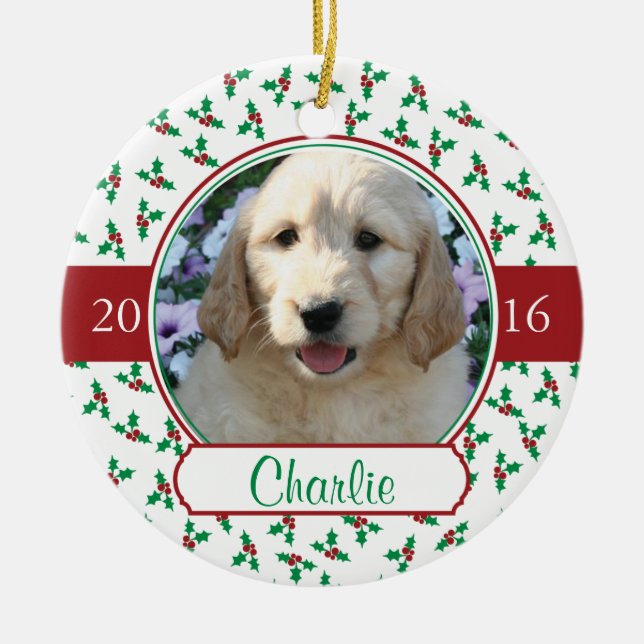 Pet Photo Christmas with Holly & Berries Ceramic Ornament (Front)