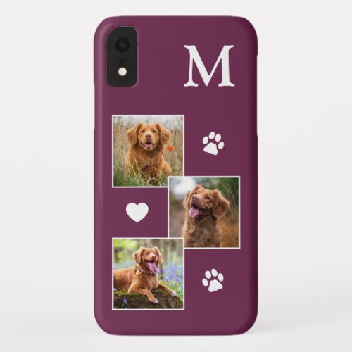 Pet Photo Collage Modern Monogram Magenta Dog iPhone XR Case