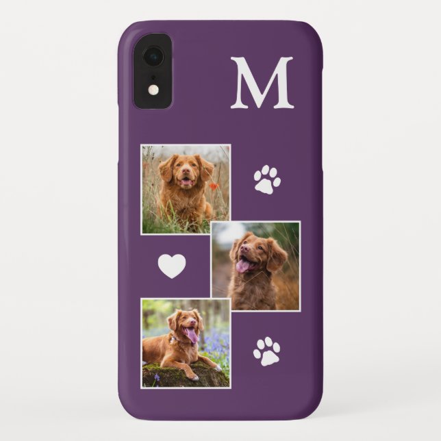 Pet Photo Collage Modern Monogram Purple Dog Case-Mate iPhone Case (Back)