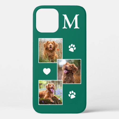 Pet Photo Collage Monogram Initial Green Cat Dog iPhone 12 Case