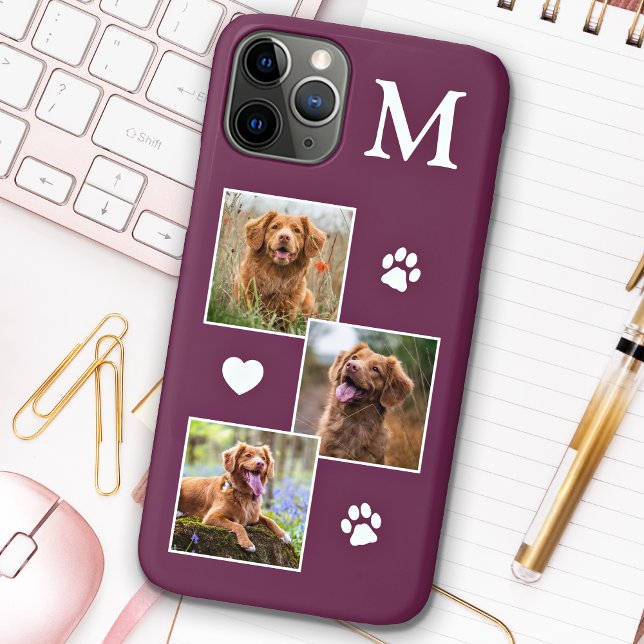 Pet Photo Collage Monogram Initial Magenta Cat Dog Case-Mate iPhone Case (Creator Uploaded)
