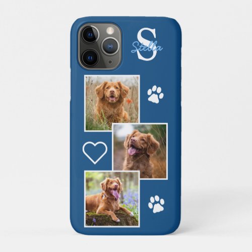 Pet Photo Collage Monogram Name Blue Cat Dog iPhone 11 Pro Case