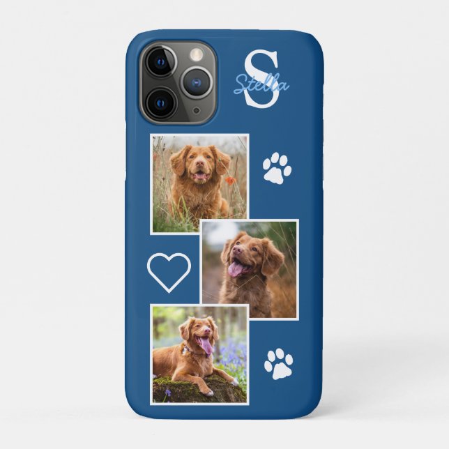 Pet Photo Collage Monogram Name Blue Cat Dog Case-Mate iPhone Case (Back)