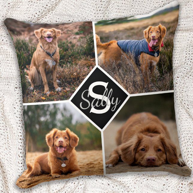 Pet Photo Collage Monogram Name Dog Lover Throw Pillow (Creator Uploaded)