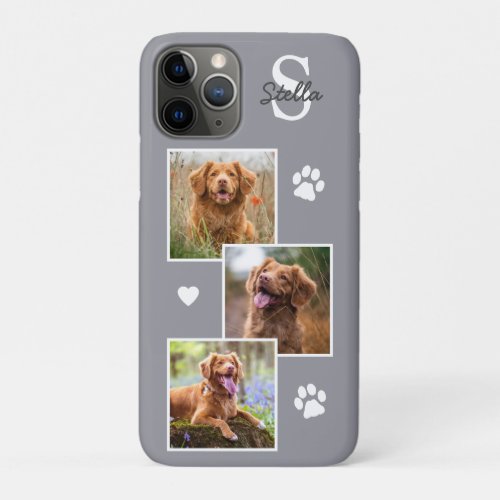 Pet Photo Collage Monogram Name Gray Cat Dog iPhone 11 Pro Case