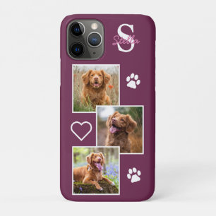Pet Photo Collage Monogram Name Magenta Cat Dog iPhone 11 Pro Case