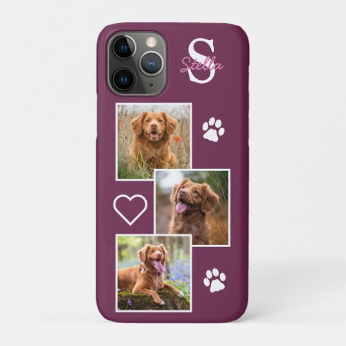 Pet Photo Collage Monogram Name Magenta Cat Dog iPhone 11 Pro Case