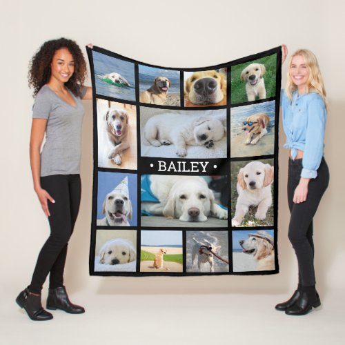 Pet Photo Collage Name Black Modern Unique Dog Fleece Blanket