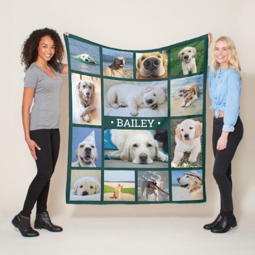 Pet Photo Collage Name Green Modern Unique Dog Fleece Blanket