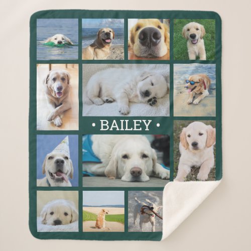 Pet Photo Collage Name Green Modern Unique Dog Sherpa Blanket