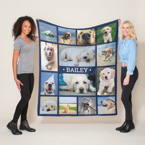 Pet Photo Collage Name Navy Blue Modern Unique Dog Fleece Blanket