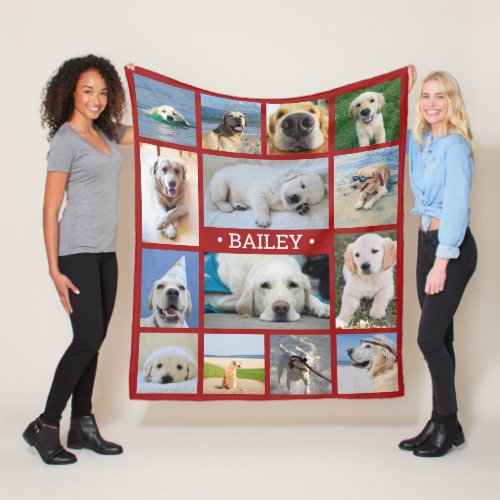 Pet Photo Collage Name Red Modern Cute Unique Dog Fleece Blanket