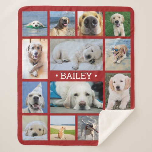 Pet Photo Collage Name Red Modern Cute Unique Dog Sherpa Blanket