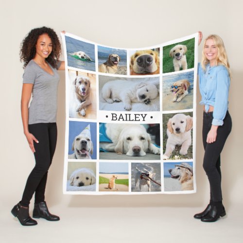 Pet Photo Collage Name White Modern Unique Dog Fleece Blanket