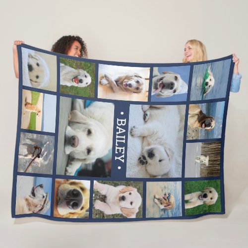 Pet Photo Collage Navy Blue Modern 16 Pictures Dog Fleece Blanket