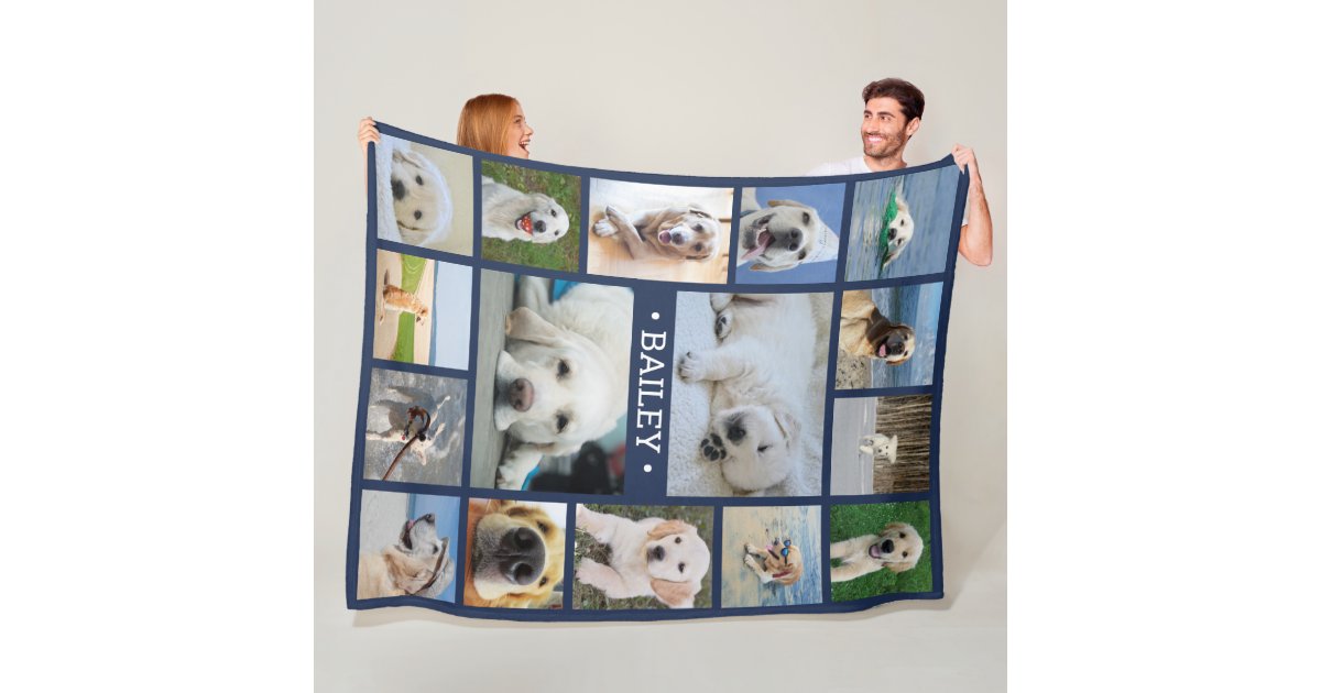 Pet Photo Collage Navy Blue Modern 16 Pictures Dog Fleece ...