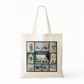 Pet Photo Collage Navy Blue Modern Dog Cat Name Tote Bag