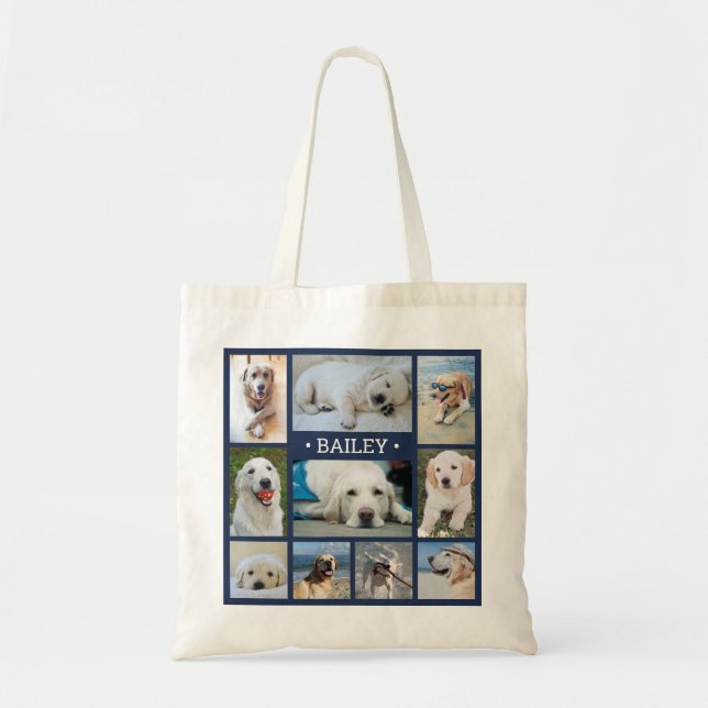 Pet Photo Collage Navy Blue Modern Dog Cat Name Tote Bag (Front)