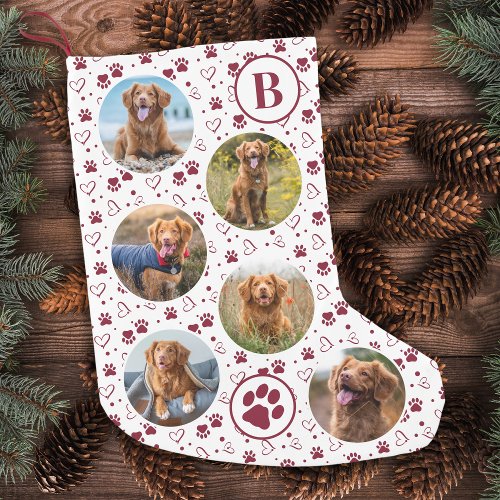 Pet Photo Collage Red Paw Prints Pattern Dog Small Christmas Stocking