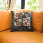 Pet Photo Collage & Sympathy Quote Rustic Dog/Cat Throw Pillow<br><div class="desc">A pet memorial pillow, featuring 4 wonderful photographs of your beloved family dog or cat on a rustic black wood affect background. Scripted is a sweet sympathy quote reading 'No longer by our side, but forever in our hearts', a cute paw print and their name. This beautifully designed pillow makes...</div>