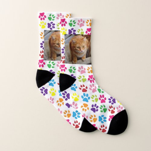 Pet Photo Customize Dog Cat Paw Prints Colorful Socks