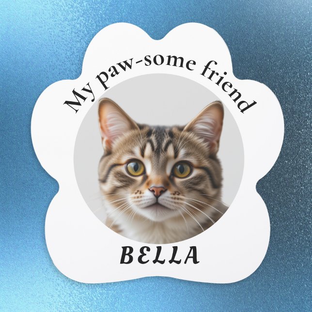Pet Photo Cute Paw-some Friend Cat Name Car Magnet (A cute car magnet in the shape of a paw print, customized with your cat's photo and name)