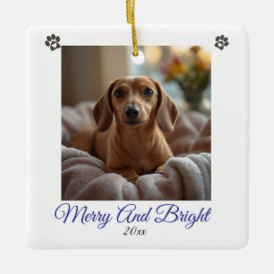 Pet Photo Dachshund Merry & Bright Personalize Ceramic Ornament