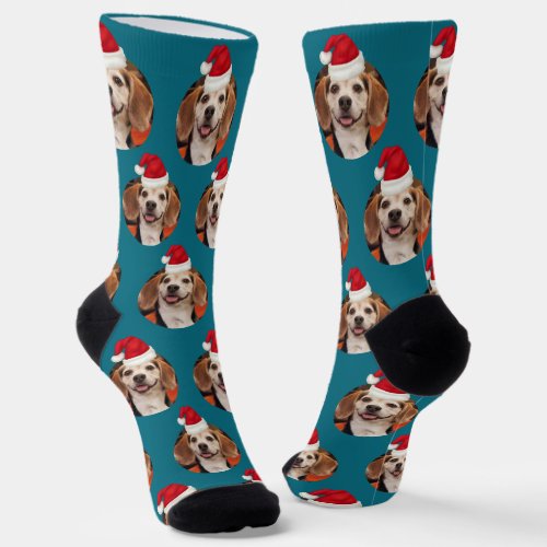 Pet Photo Dark Teal Santa Hats Christmas Socks