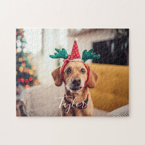 Pet Photo Dog Mom Modern Christmas Holiday Jigsaw Puzzle