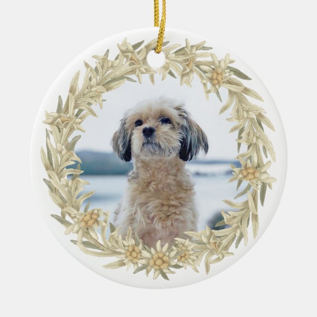 Pet Photo Edelweiss Alpine Floral Wreath  Ceramic Ornament (Front)
