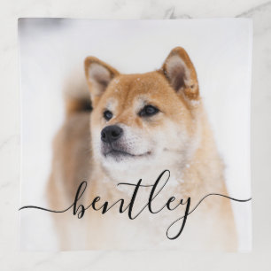 Pet Photo & Elegant Script Name Photo Keepsake Trinket Tray