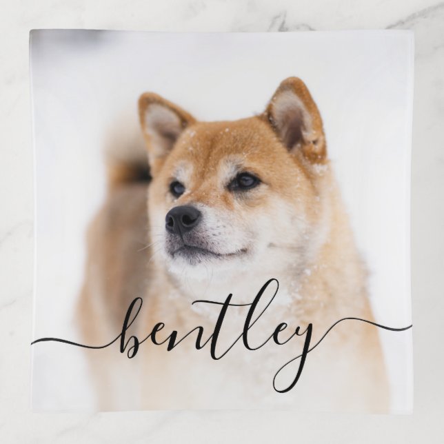 Pet Photo & Elegant Script Name Photo Keepsake Trinket Tray (Front)