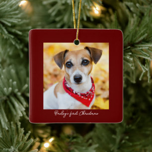 Pet Photo First Christmas Burgundy Name Ceramic Ornament