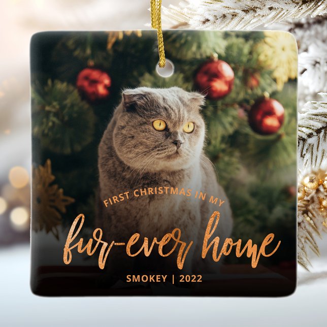 Pet Photo First Christmas Forever Home Copper Ceramic Ornament (Creator Uploaded)