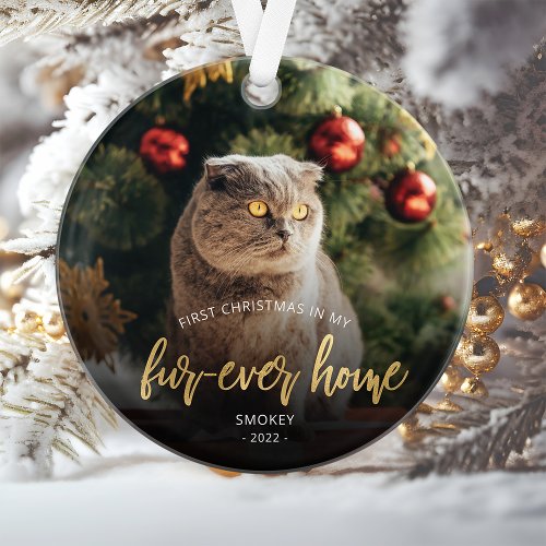 Pet Photo First Christmas Forever Home Gold Script Ornament
