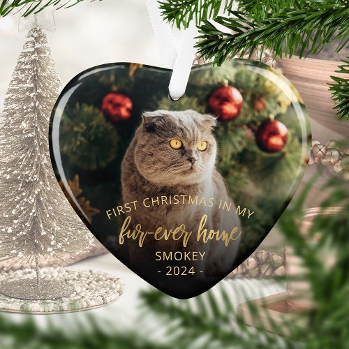 Pet Photo First Christmas Forever Home Gold Script Ornament