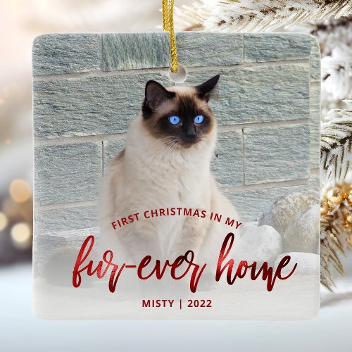 Pet Photo First Christmas Forever Home Red Ceramic Ornament