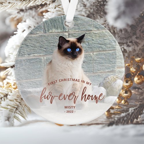 Pet Photo First Christmas Forever Home Rose Gold Ornament