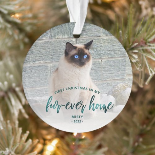 Pet Photo First Christmas Forever Home Teal Green Ornament