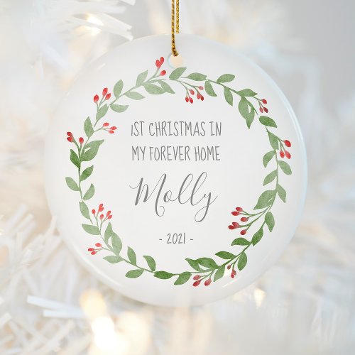 Pet Photo First Christmas in New Home Gray Text Ceramic Ornament