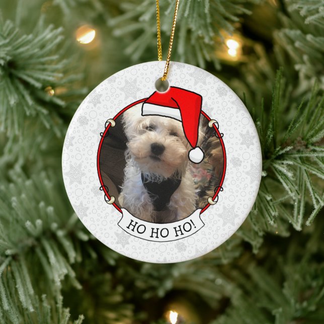 Pet Photo First Christmas Santa Hat HO HO HO Cute Ceramic Ornament (Tree)