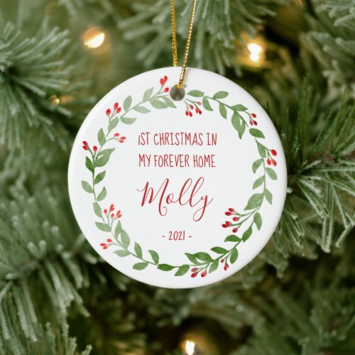 Pet Photo First Christmas Wreath Red Text Ceramic Ornament