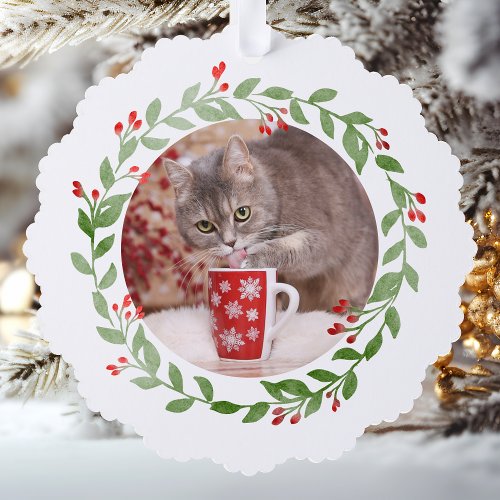 Pet Photo First Christmas Wreath Red Text Ornament Card