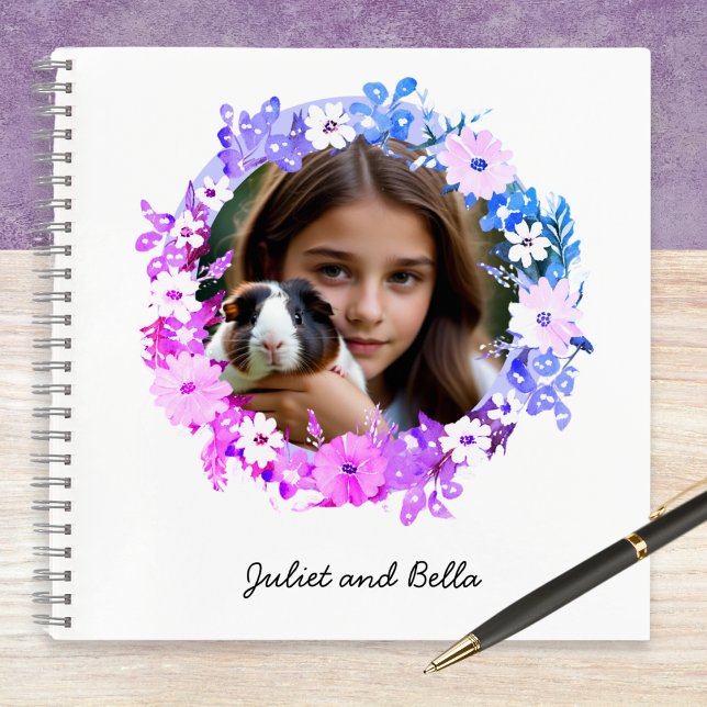 Pet Photo Floral Personalized Notebook (A notebook to customize with a photo of you and your pet in a floral 'frame', with names underneath)
