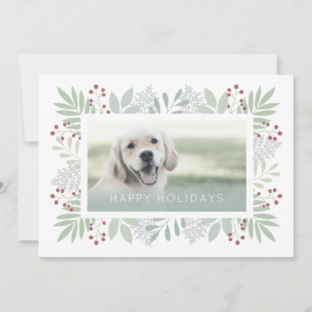 Pet Photo Foliage Frame Holiday Card (Front)