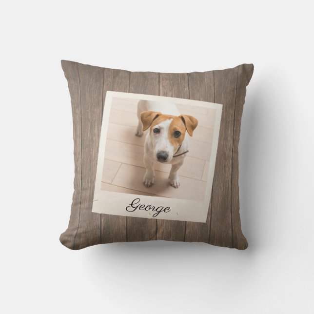 Pet Photo Frame Rustic Wood Personalized Throw Pillow (Front)
